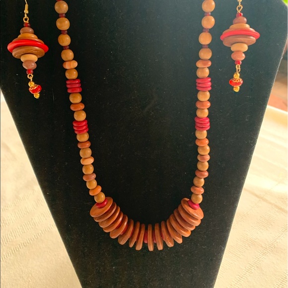 Boho handmade wooden necklace/earrings set - Picture 1 of 6